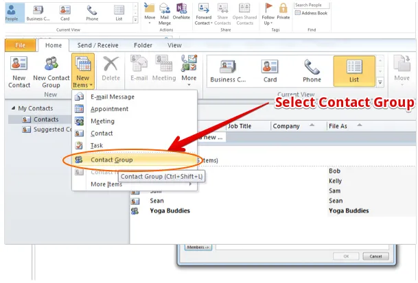 select contact group in outlook