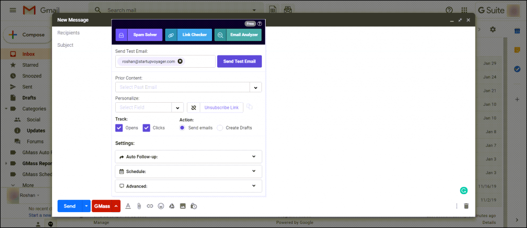 Gmass user interface