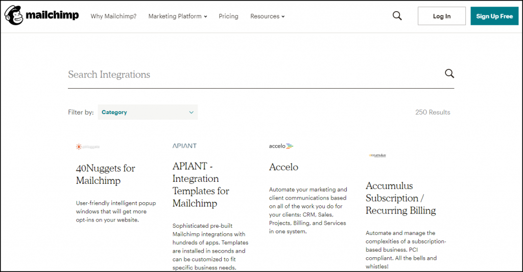 mailchimp list of integration
