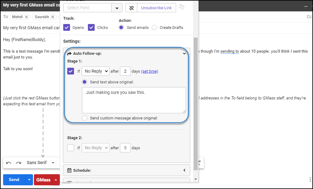 gmass vs mailchimp followup screen