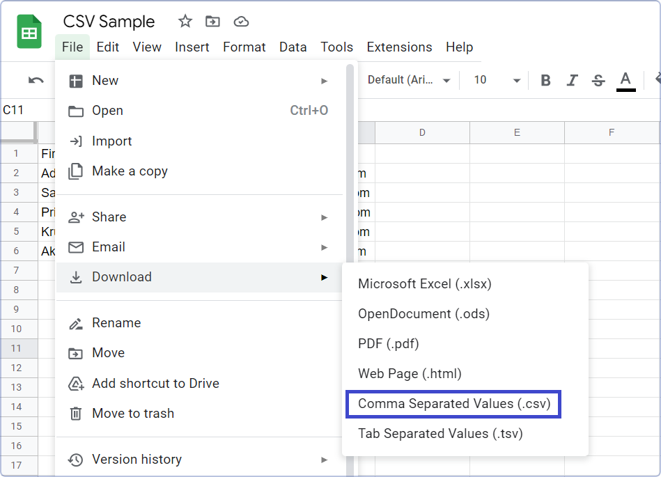 Download the file in CSV format