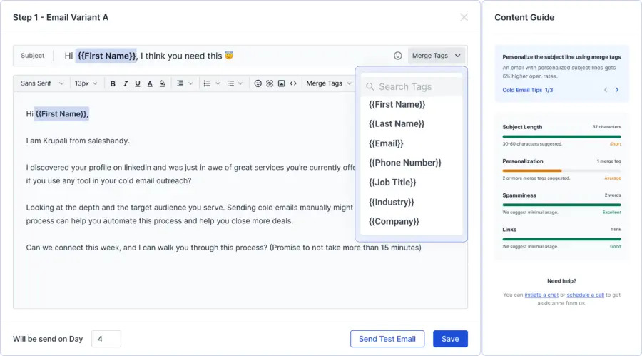 Sending personalized emails using Saleshandy