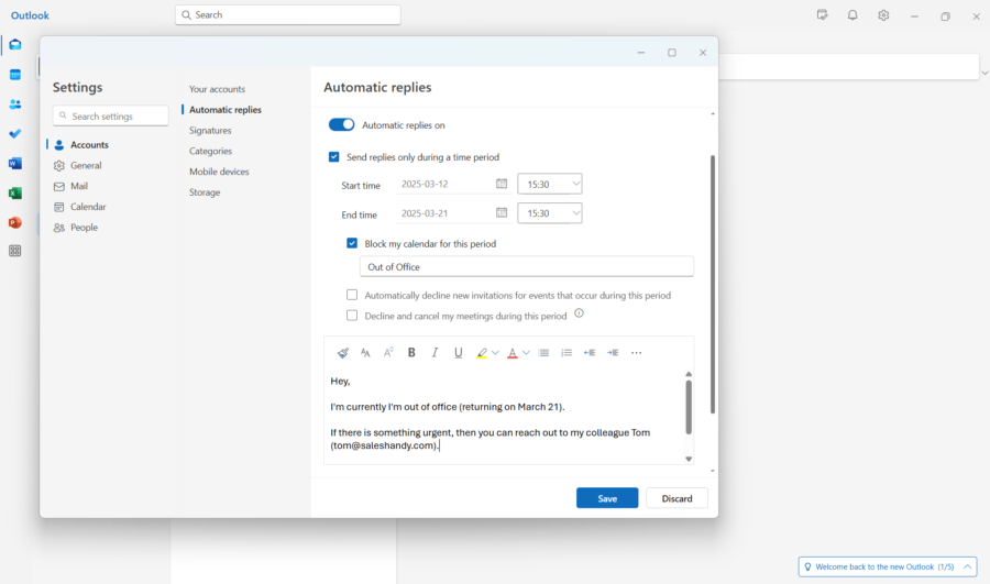 Setup of out-of-office replies in new Outlook