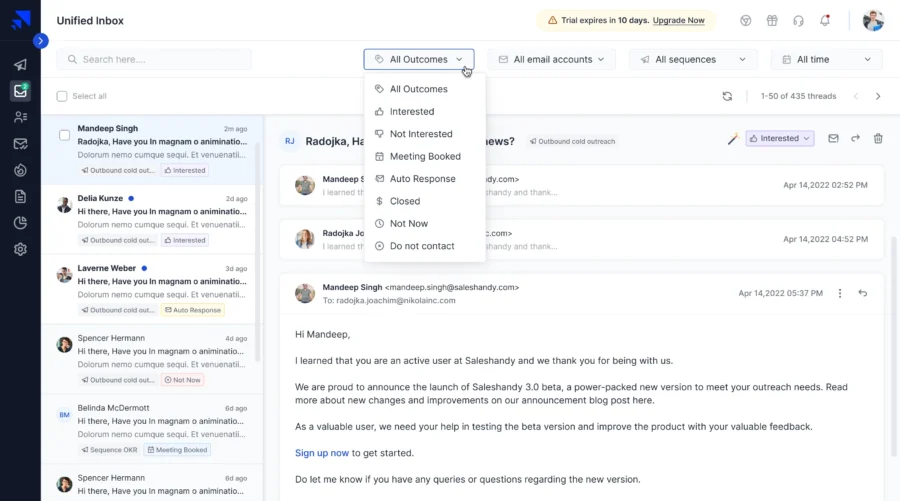 prospect outcome in unified inbox