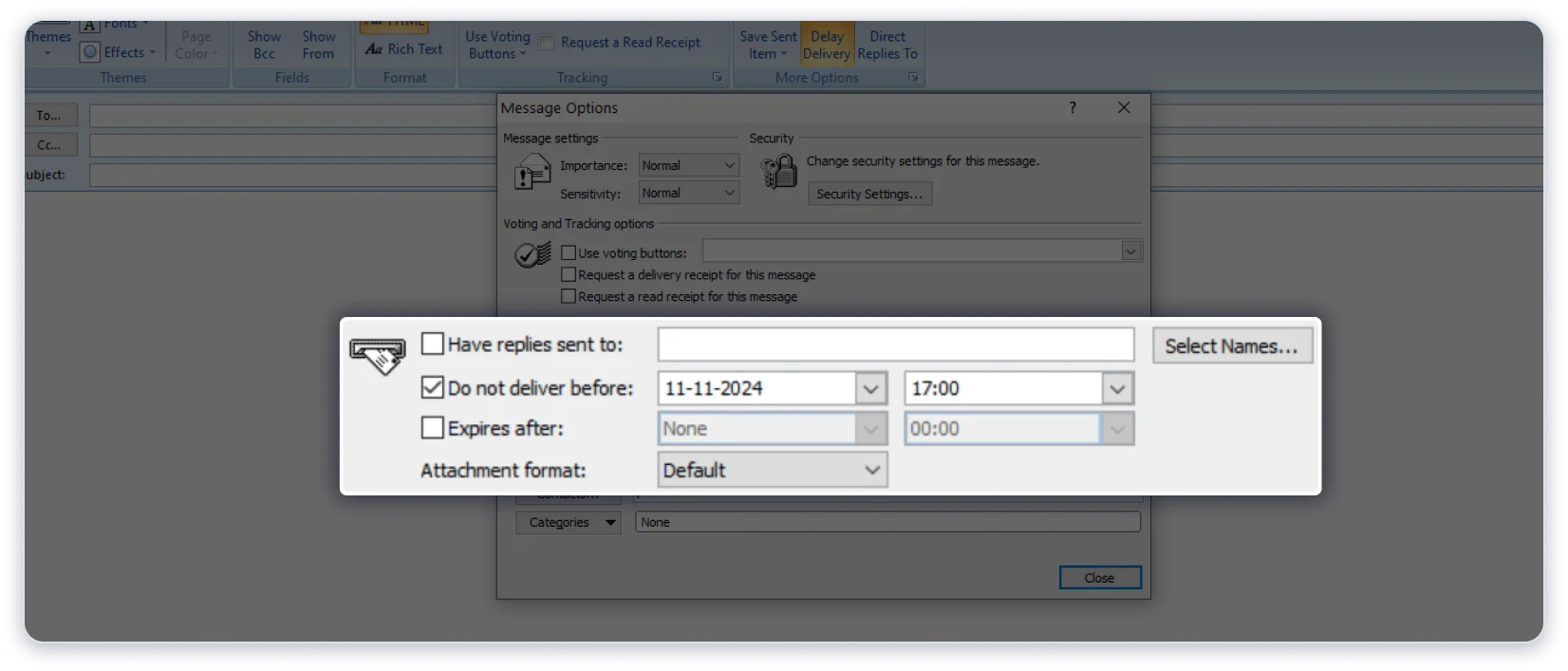 Editing the do not deliver option to schedule email in Old Outlook