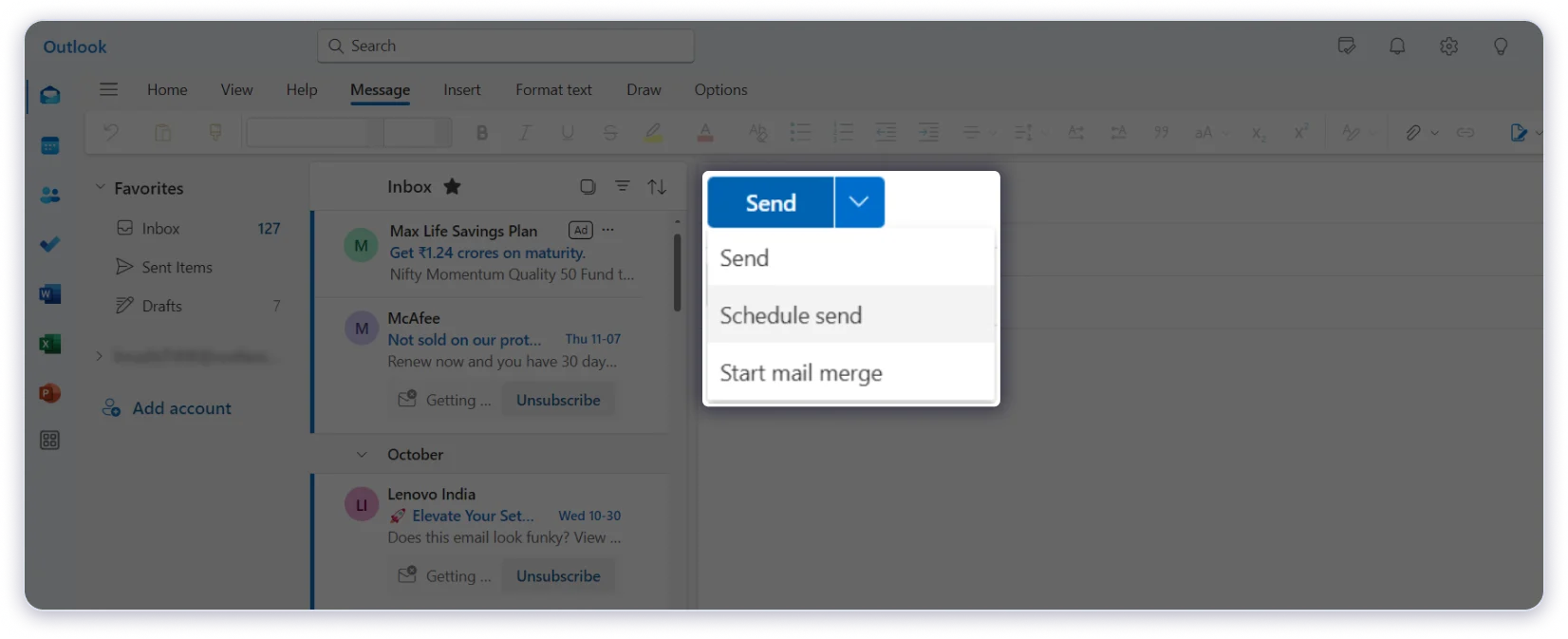 Schedule send option in New Outlook App