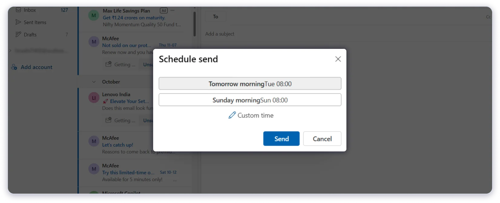 Editing time for schedule send in New Outlook App