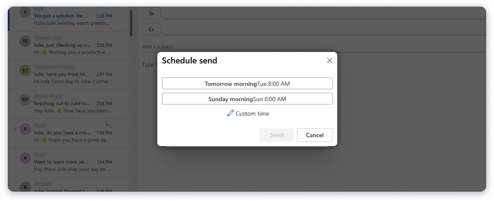 Option to select time and schedule send in Web Outlook