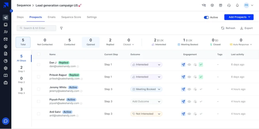 prospect outcome in sequence dashboard
