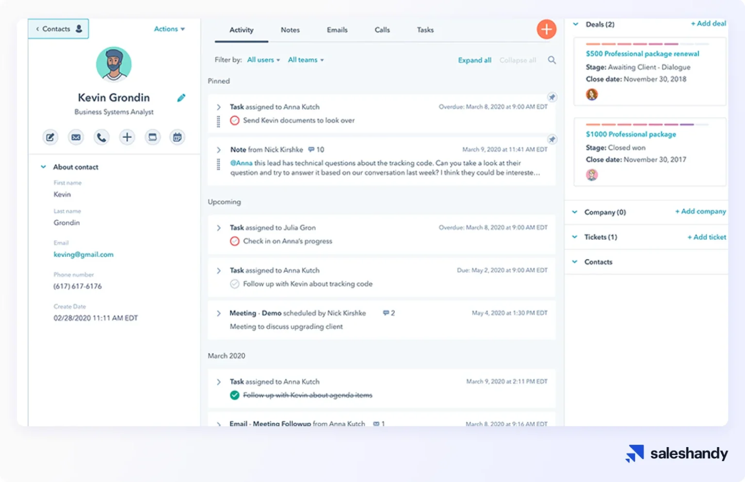 Hubspot saleshub dashboard