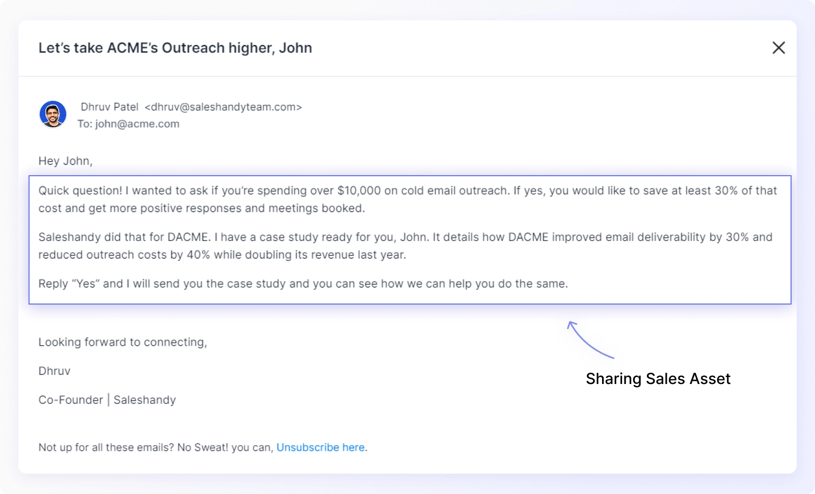 Sharing Sales Asset cold email framework