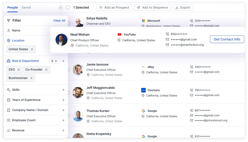 Saleshandy Lead Finder has a vast global database. You can use advanced search filters to narrow down and find the phone numbers of your prospects.