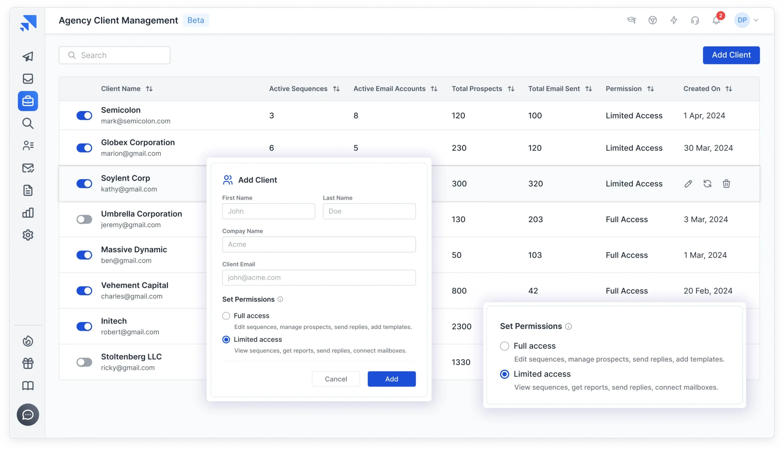 Client Management option in Saleshandy