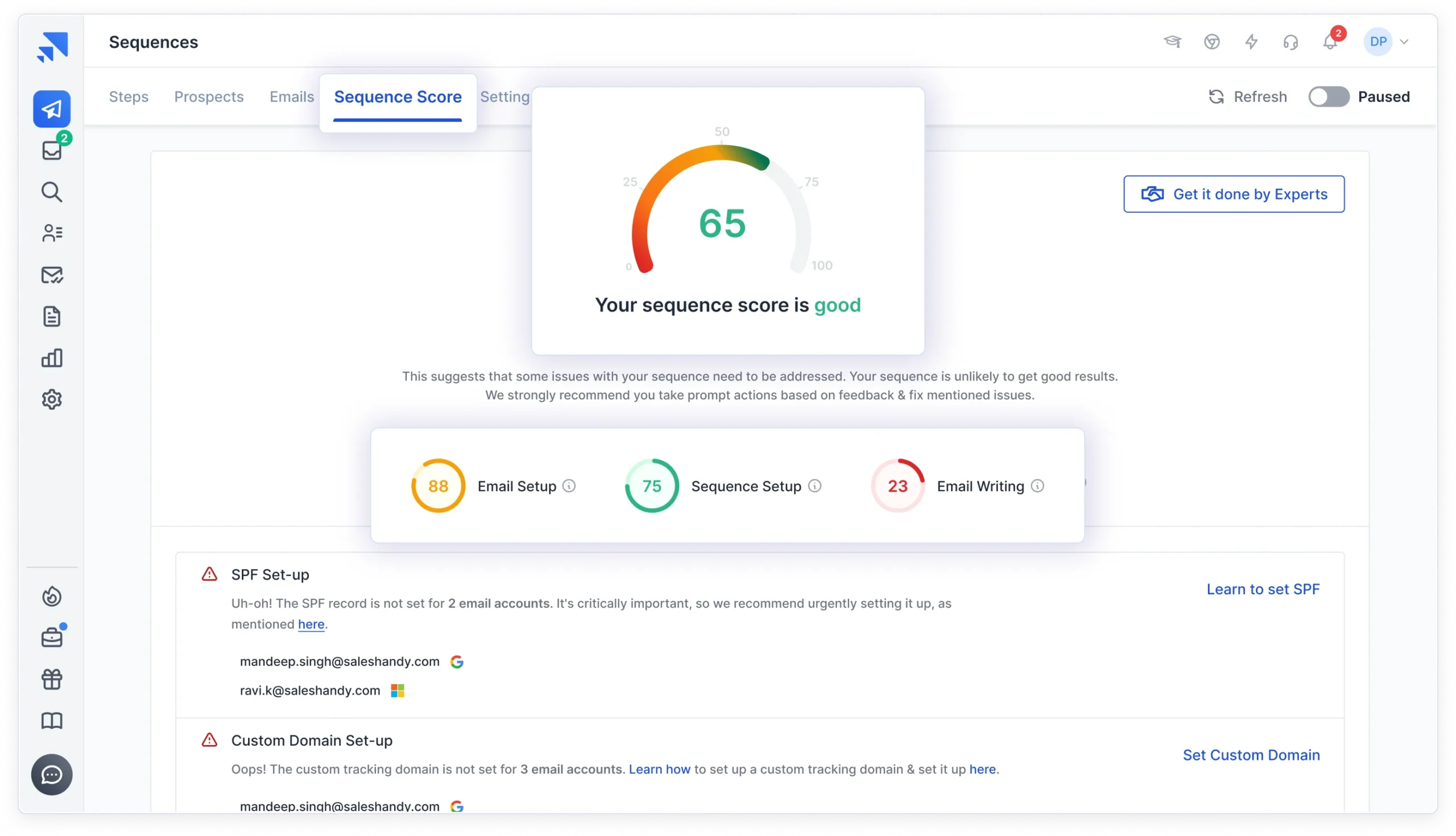 Sequence score that rates your email sequence in Saleshandy