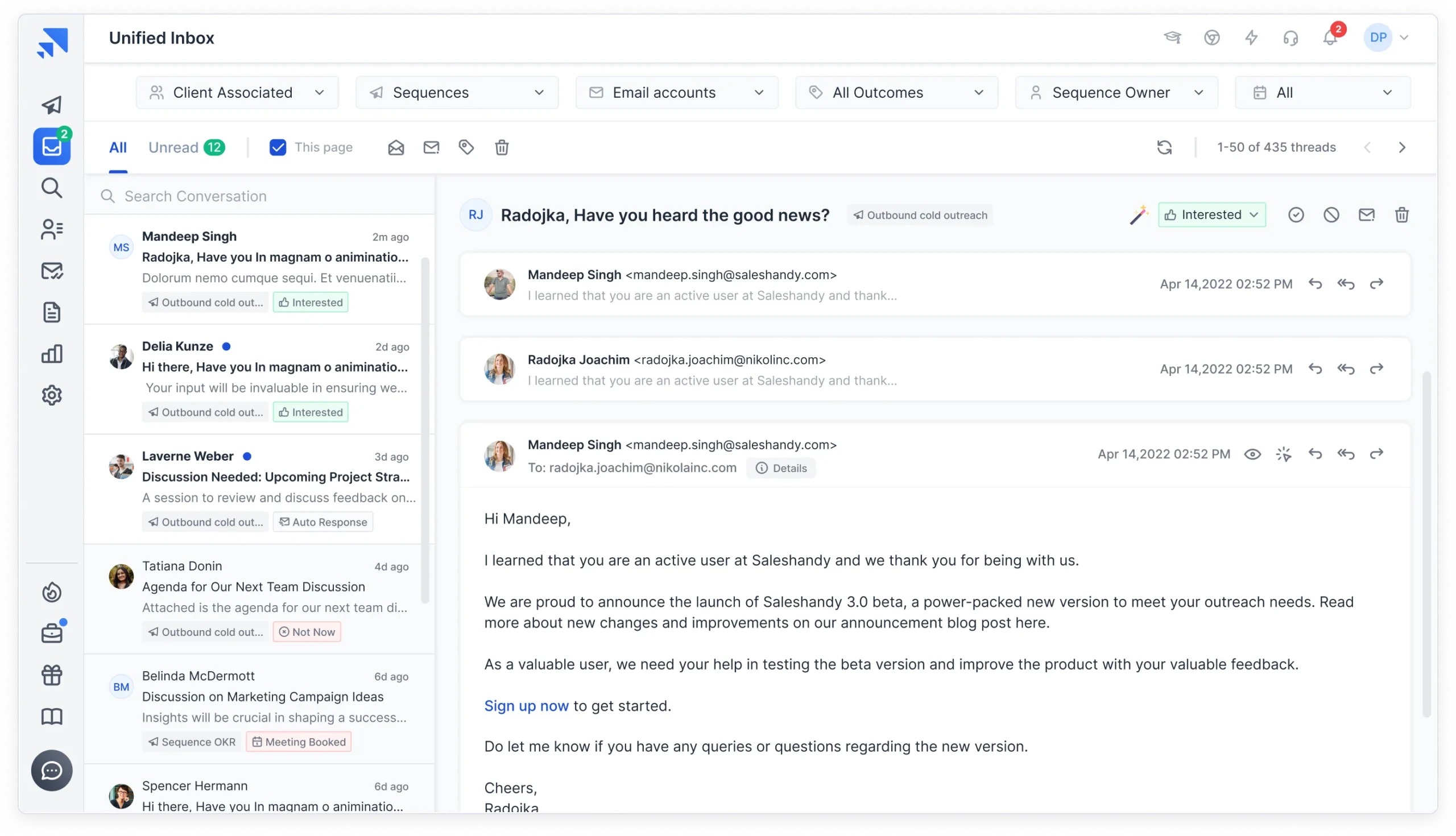 Unified Inbox is Saleshandy's centralized reply management system.