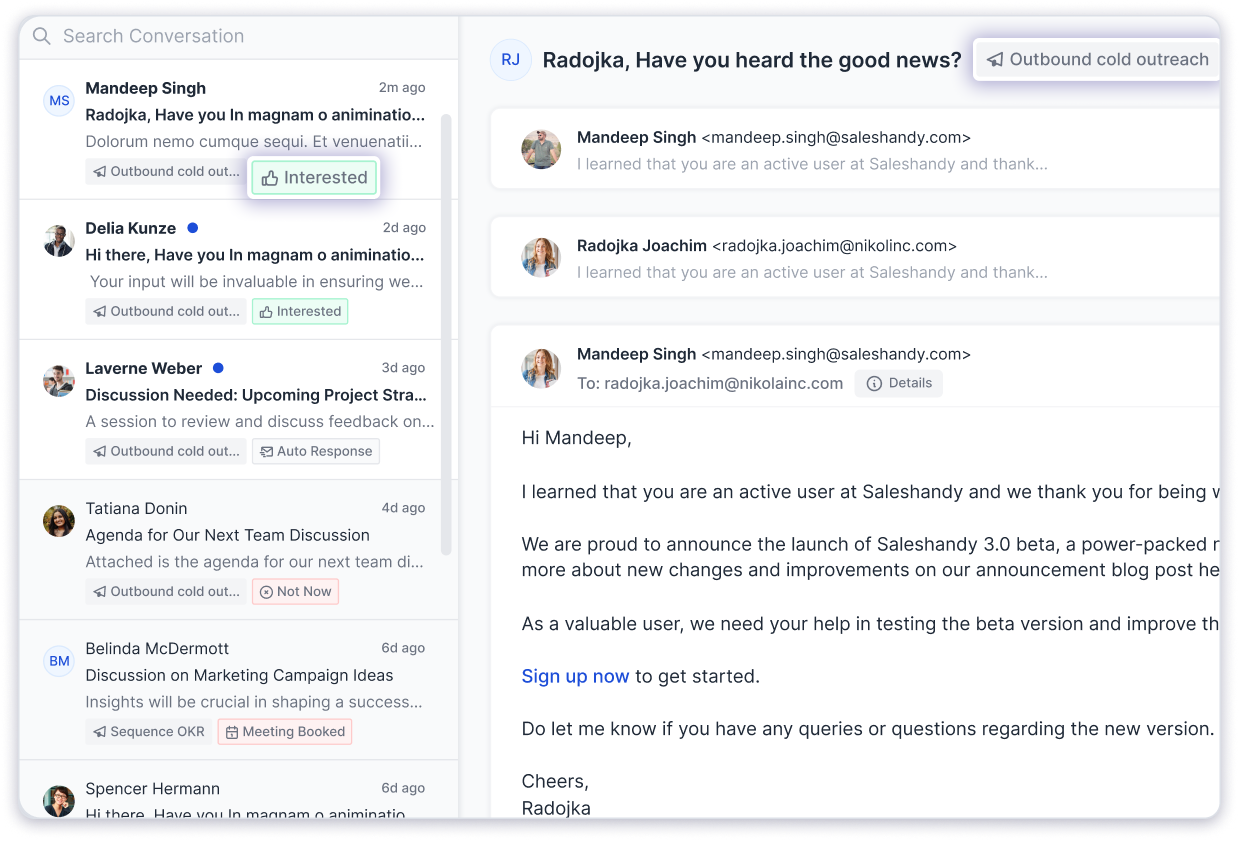 Unified inbox in Saleshandy centralizes all prospect replies for easier management.