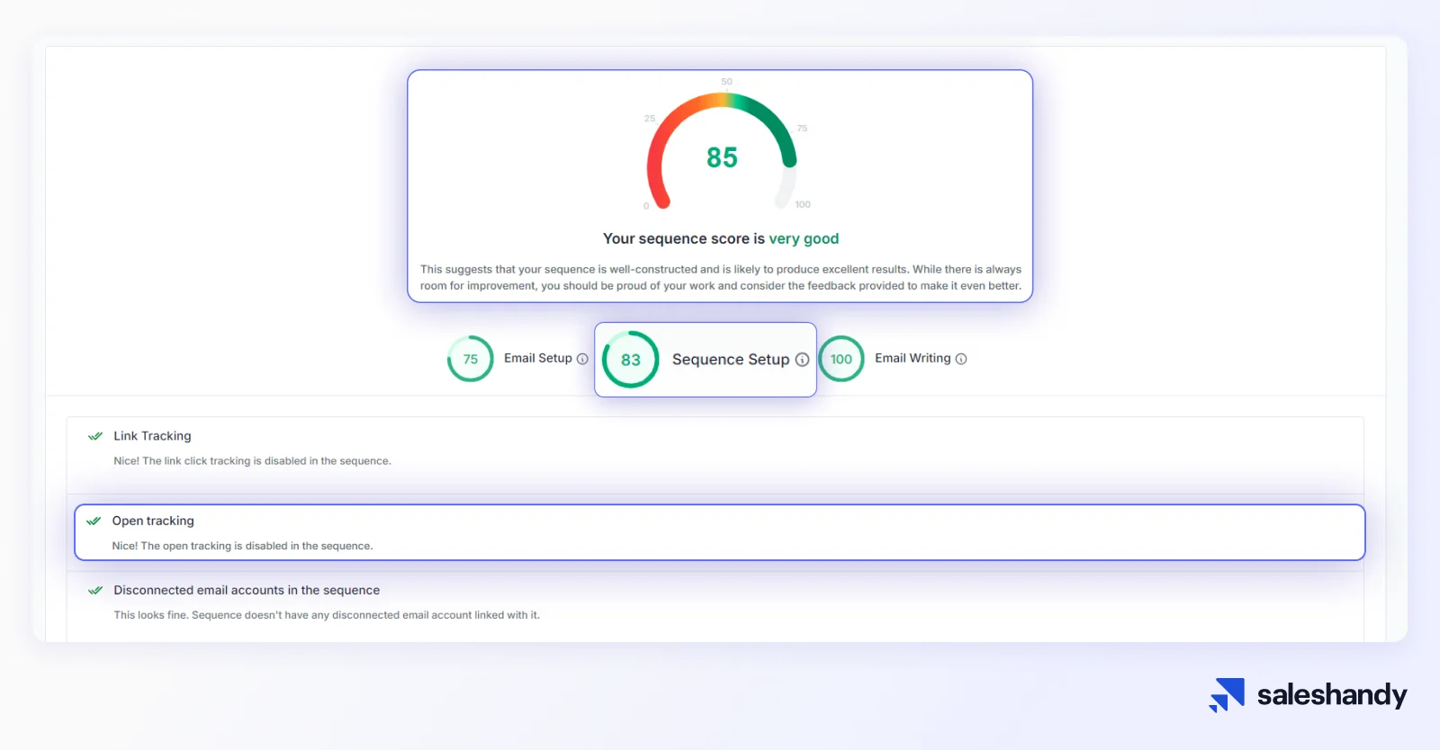 Sequence score feature in Saleshandy prompting you to disable open tracking