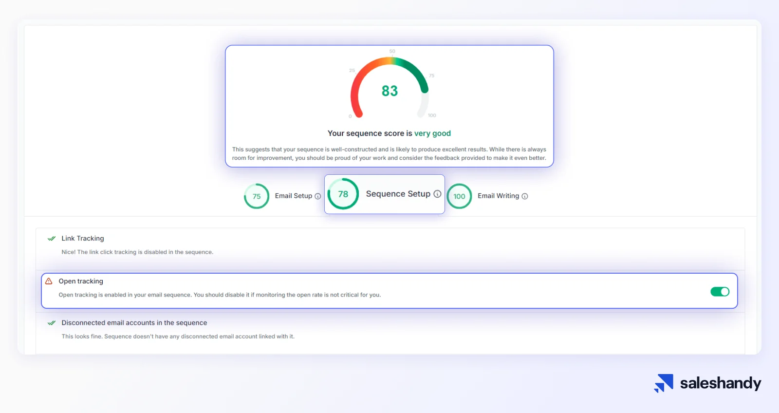 Sequence score feature in Saleshandy prompting you to disable open tracking