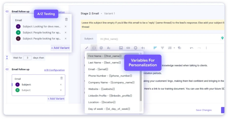 Features in Smartlead.ai's cold email sequence builder - A/Z testing and variable tags