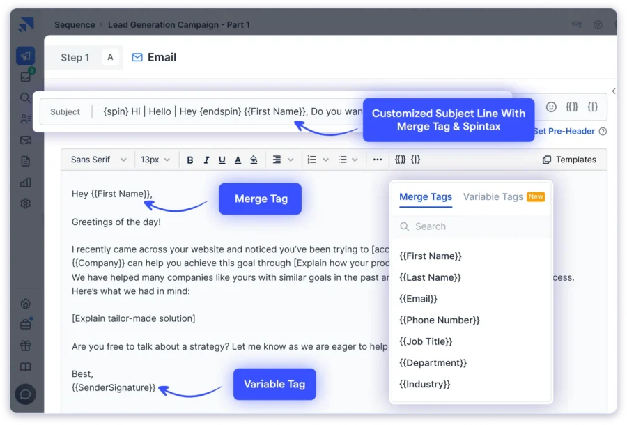Personalization Features in Saleshandy - Merge Tag, Spintax, and Variable Tag