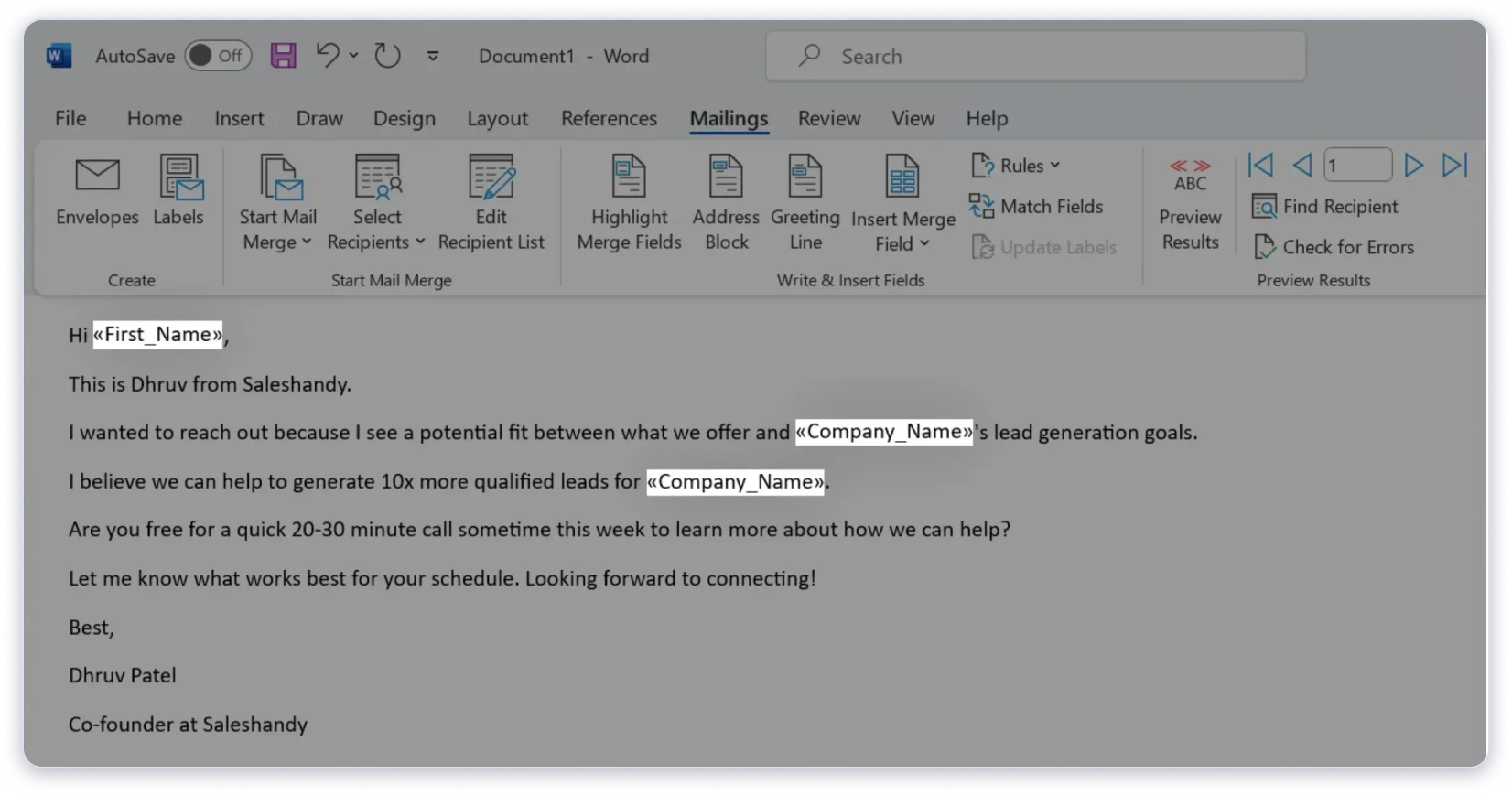 Placeholders are replaced with merge fields
