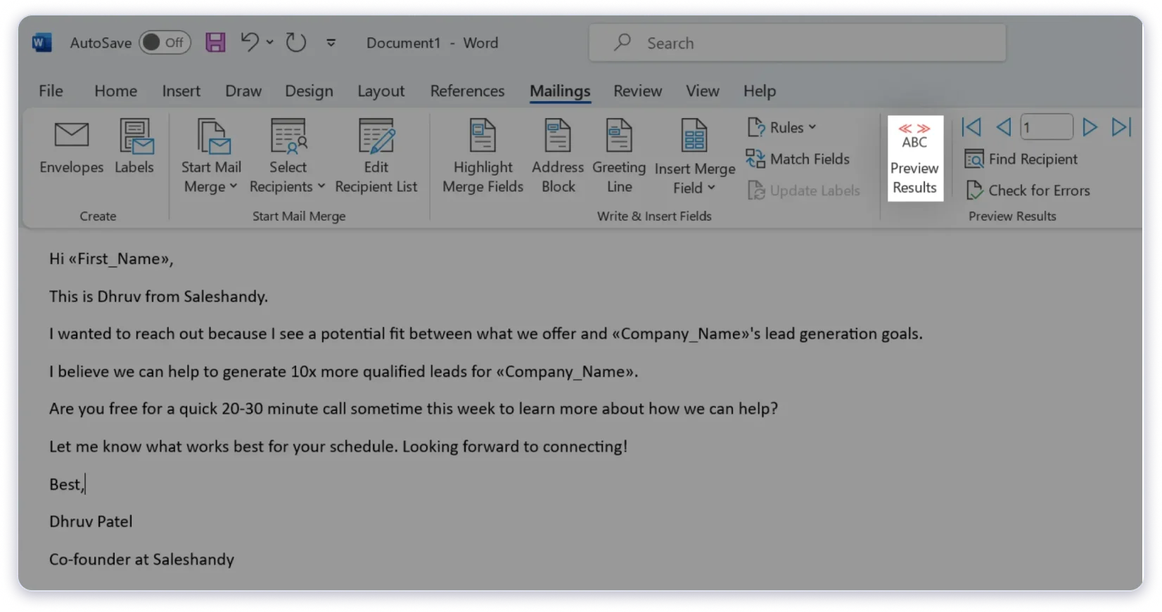 Preview results option in mail merge