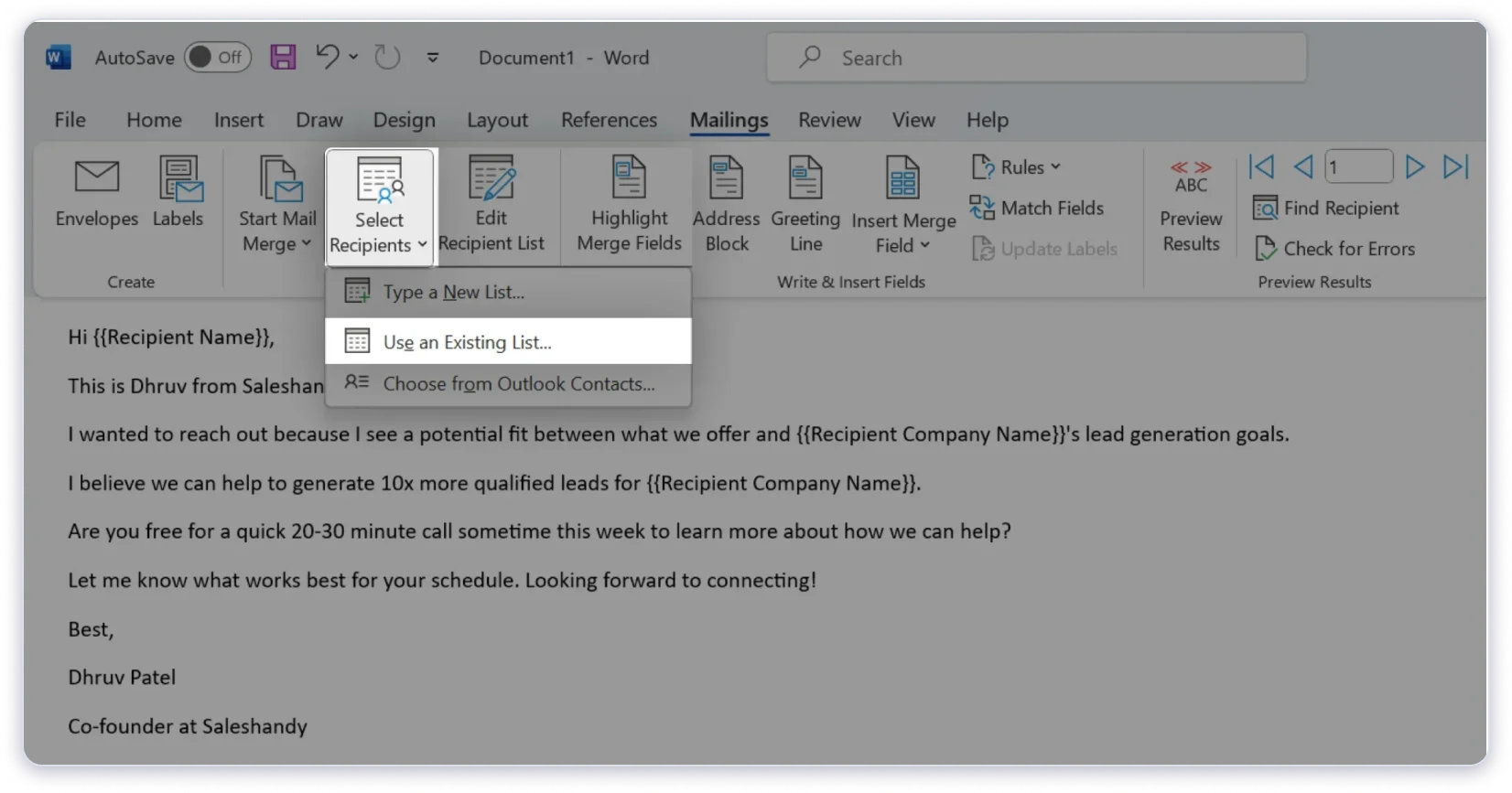 Process to link mailing list with Mail merge