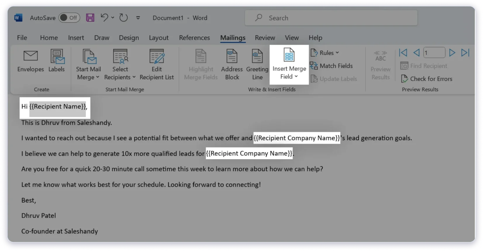 Insert merge fields in place of placeholders