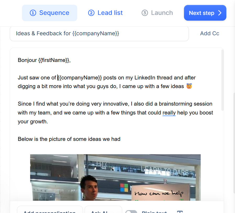Lemlist has multiple personalization options, including image and landing page customizations.