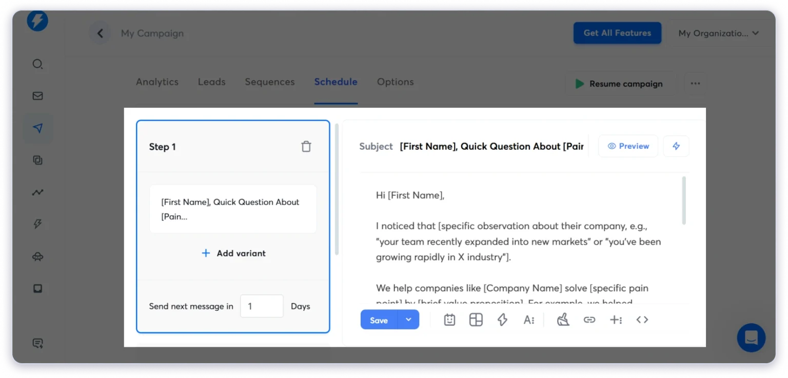 Instantly.ai cold email sequence personalization