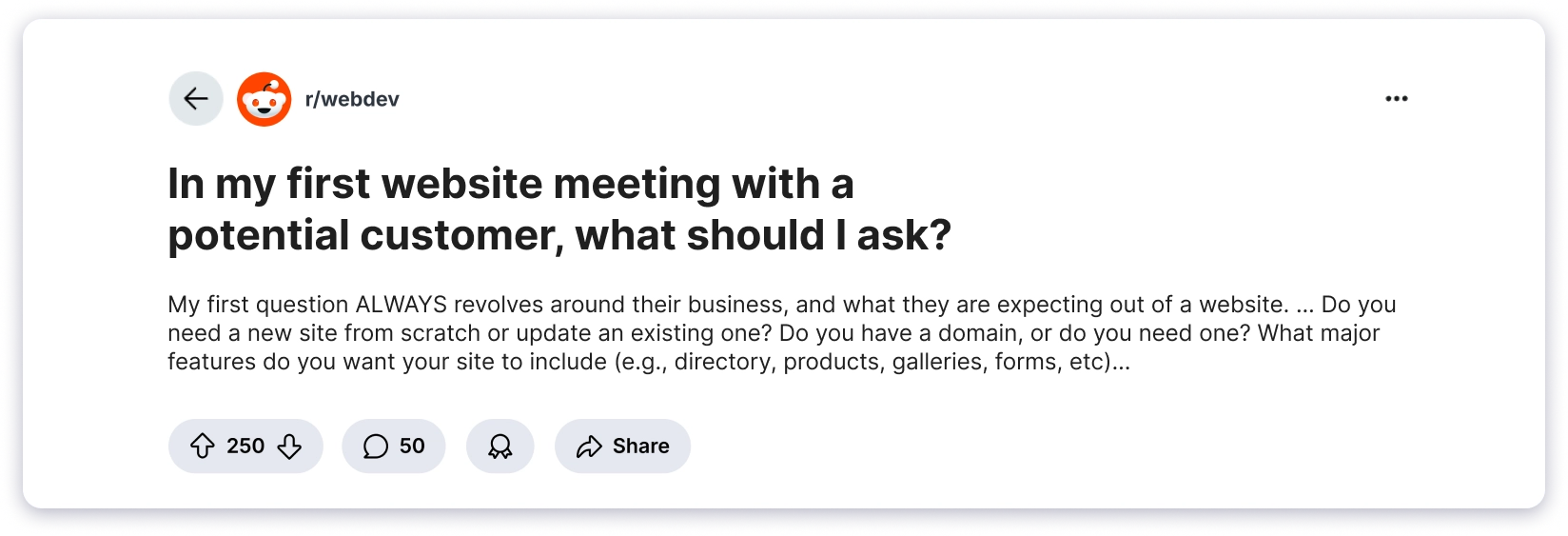 Reddit Post on Web development 