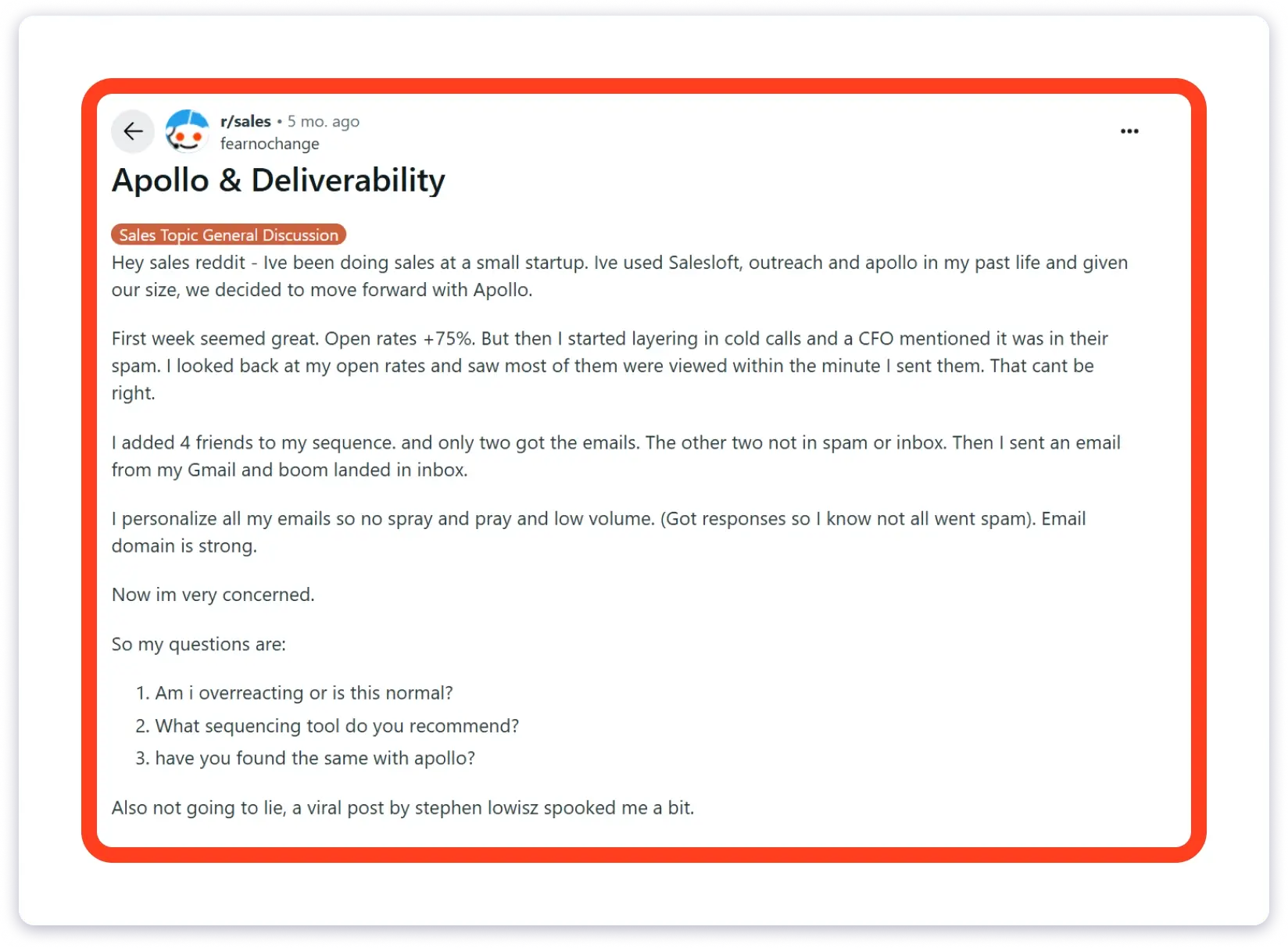 Apollo.io Deliverability Issue Reddit Post