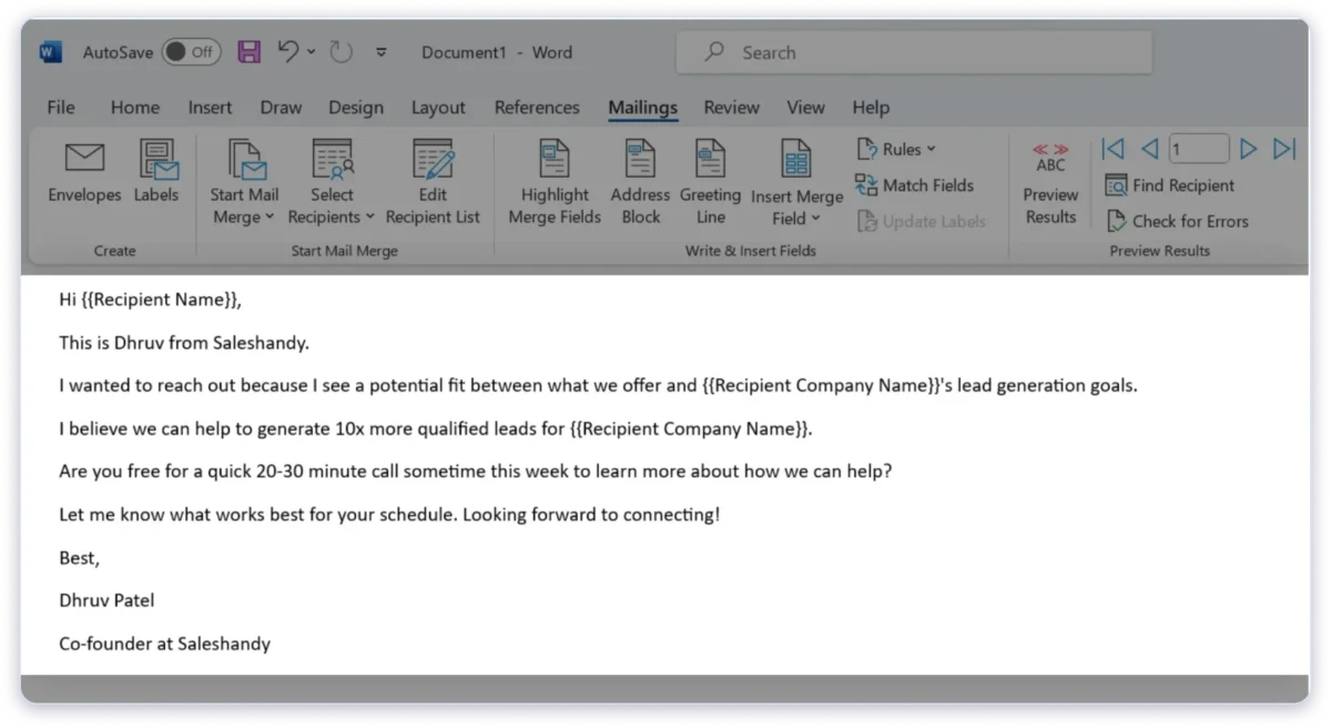 Send bulk emails with outlook step 2