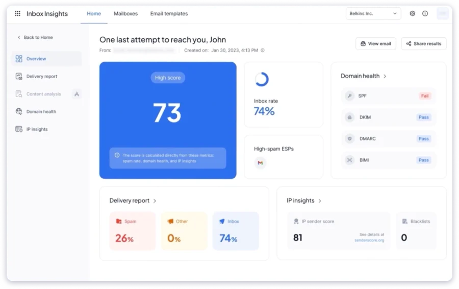 Report snapshot of inbox placement test in Folderly