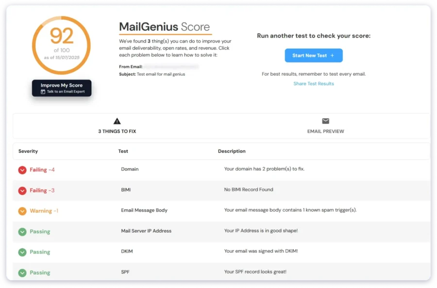 MailGenius' free deliverability + spam test reportf