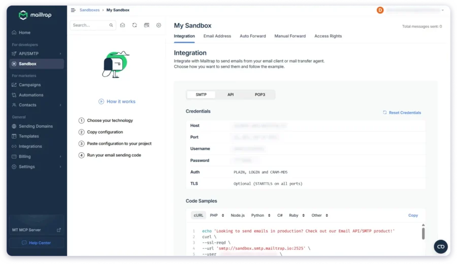 Sandbox configuration in Mailtrap for setting up tests