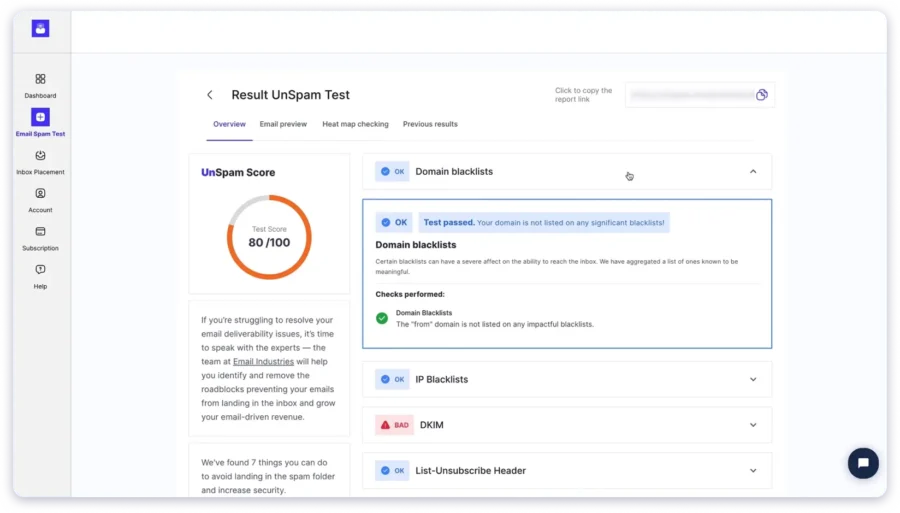 UnSpam inbox placement test with deliverability issues highlighted