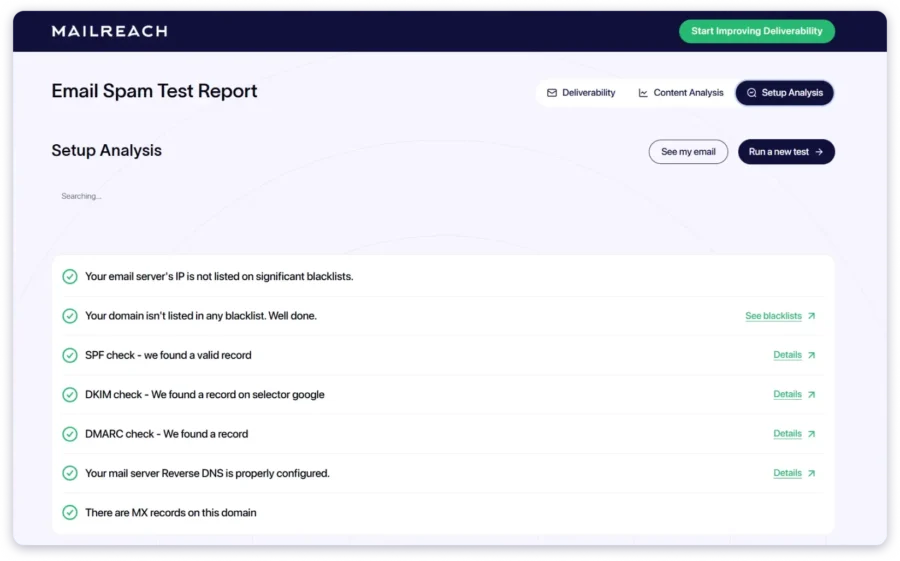 MailReach Spam Test Report - Setup Analysis