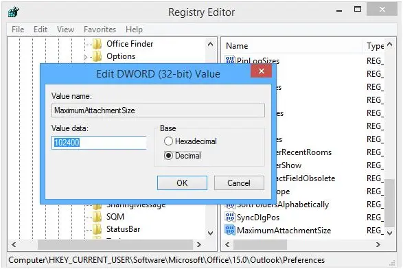 Setting Attachment Size Limit in Registry