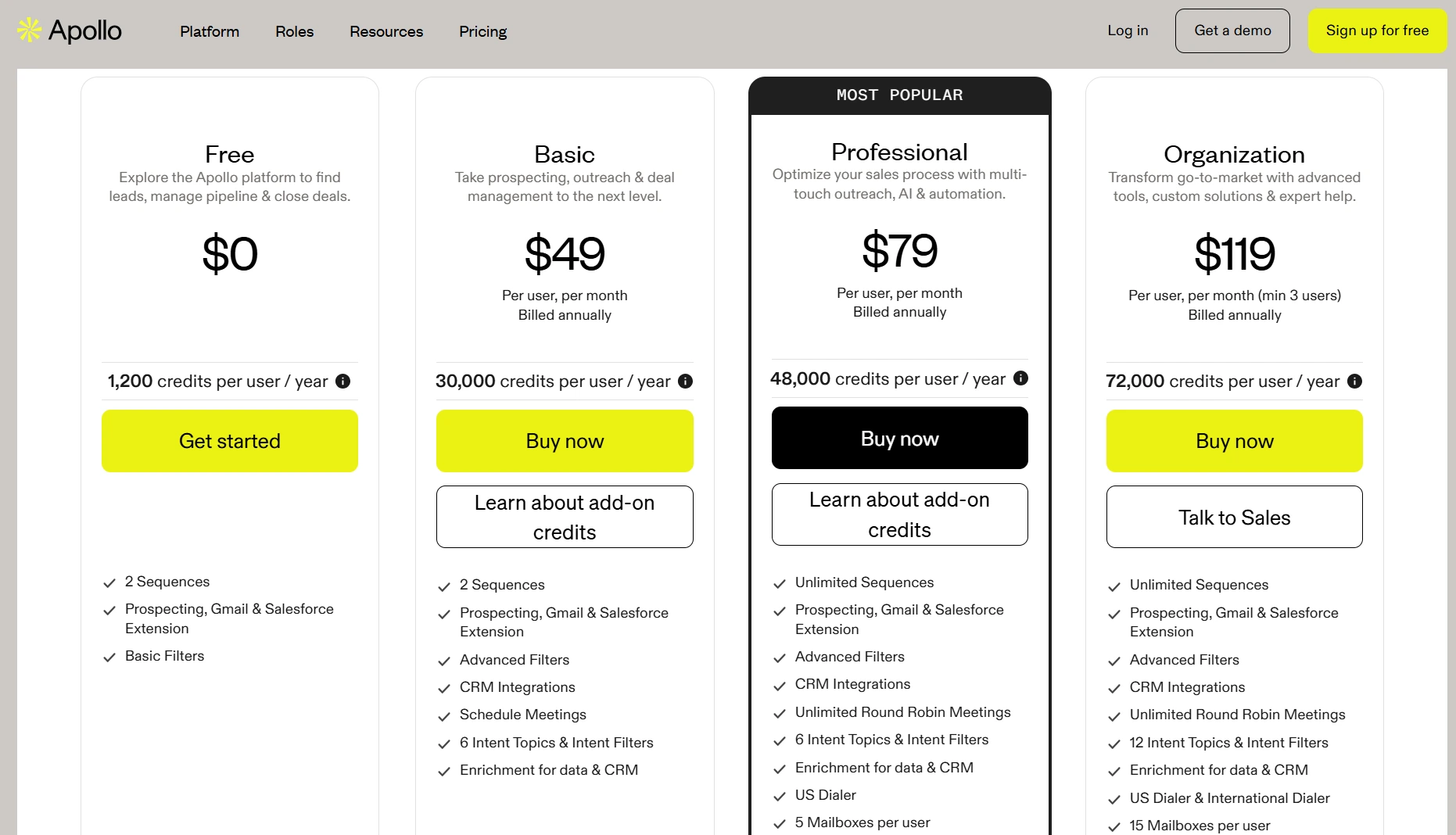Apollo's pricing plans