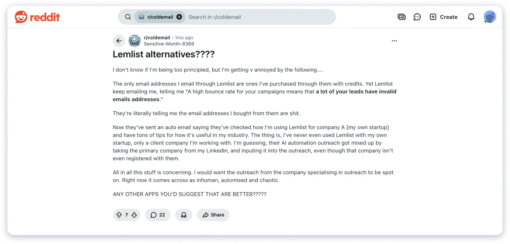 Lemlist's Reddit user review