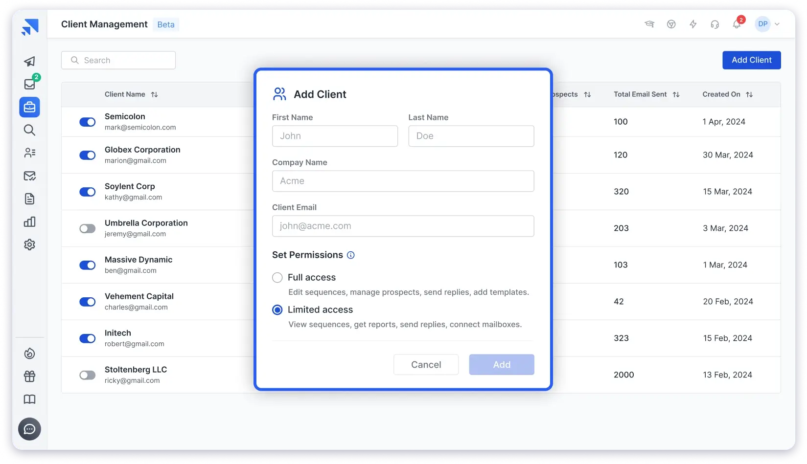 Saleshandy's agency management feature