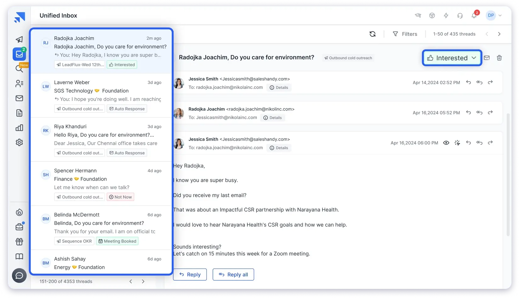 Saleshandy's unified inbox