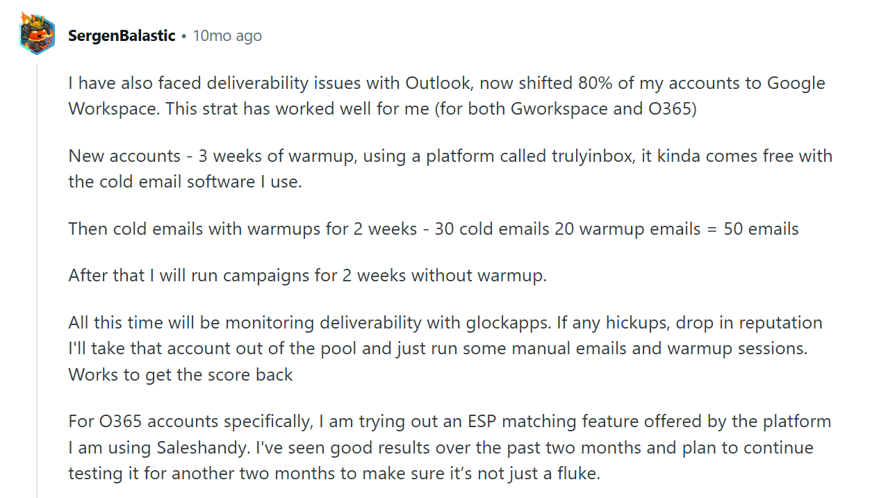 Reddit comment of how a Saleshandy user is using TrulyInbox to warm up their email accounts