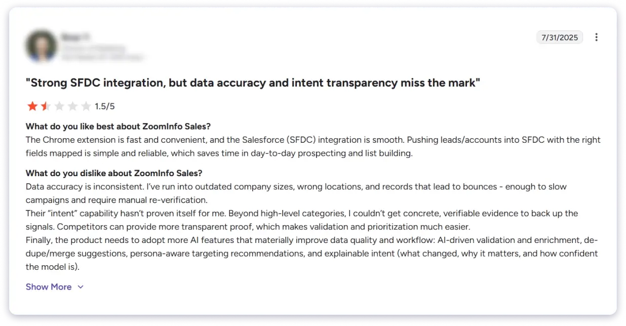 Zoominfo review on G2 on what is good and bad about the tool.