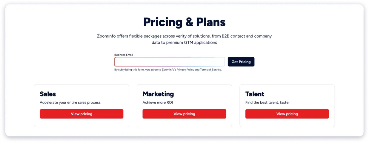 Zoominfo has custom pricing based on sales, marketing and talent.