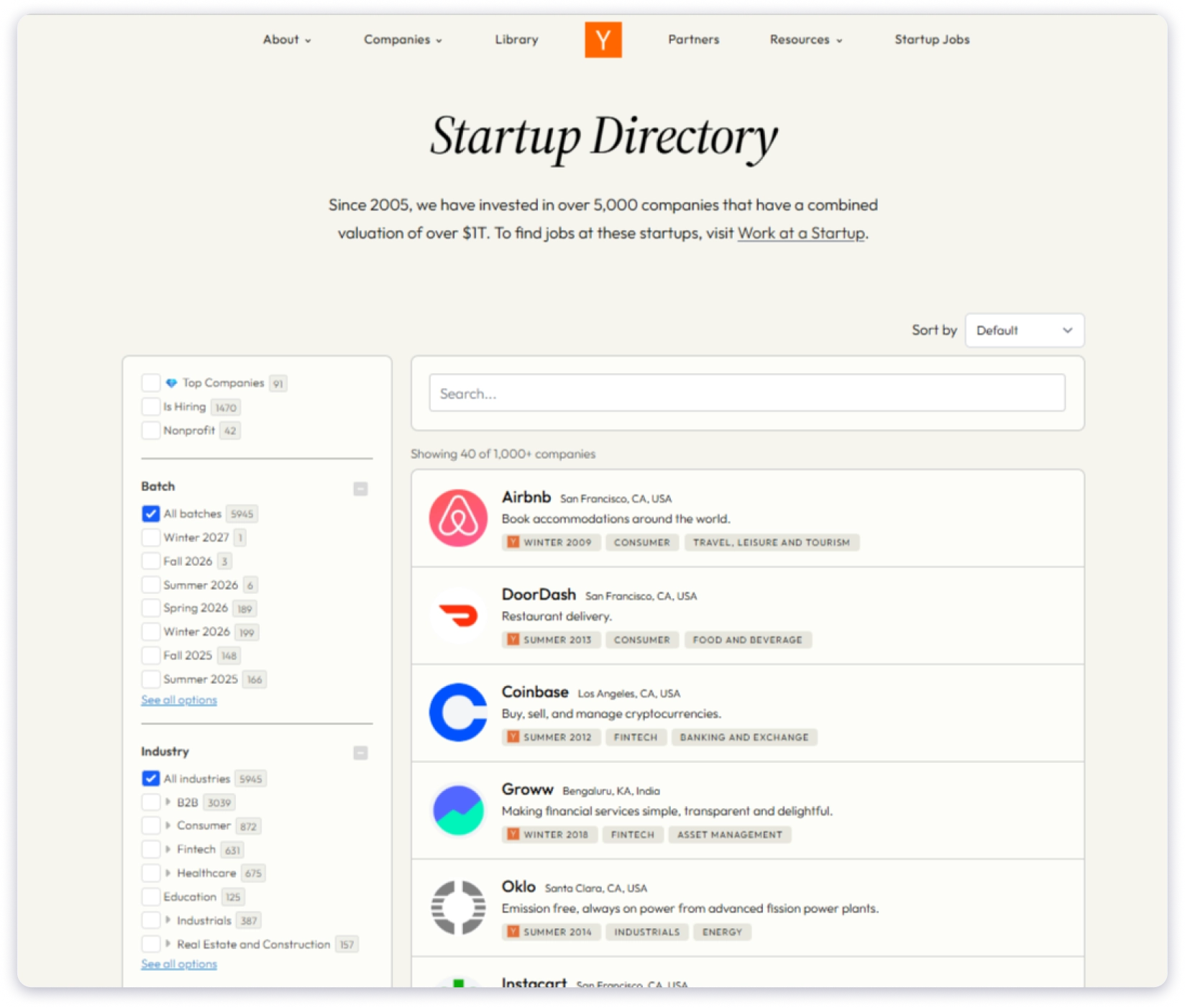 y combinator home oage